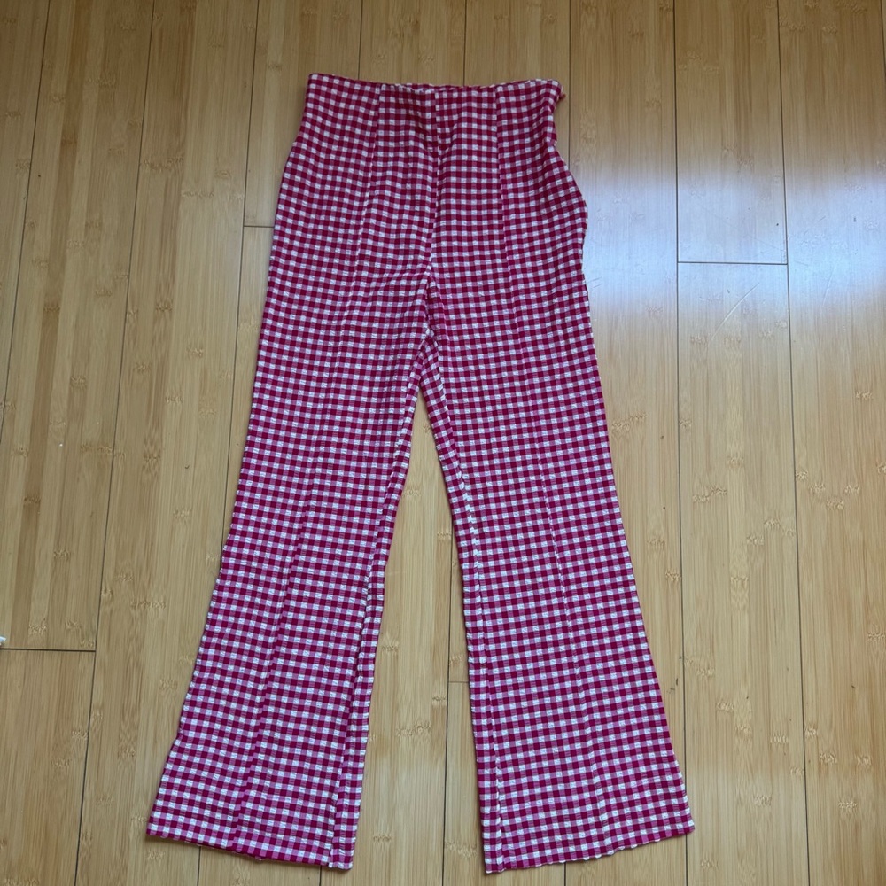 GANNI Gingham Check Red White Cropped Flare Pants Size 36